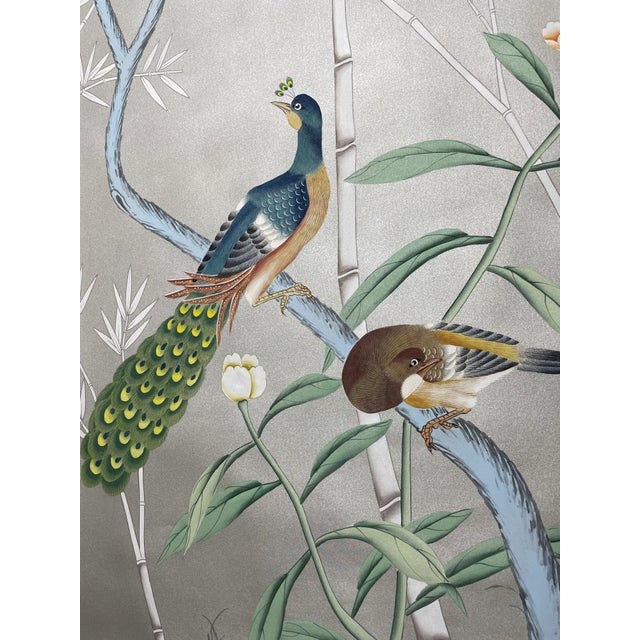 Chinoiserie Hand‑Painted Wall Panels, Set of 4, Peacock Bird & Blossom Bamboo Mural For Sale - Image 4 of 6
