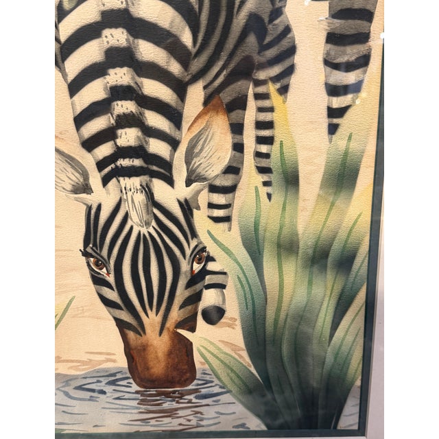 Pair of Art Deco Zebra Watercolor Gouaches by Shirrell Graves in Verde Frames For Sale - Image 14 of 16