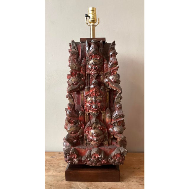 Vintage Boho Hand Carved Temple Mask Lamp For Sale In West Palm - Image 6 of 8