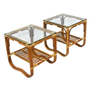 Mid 20th Century Pair of Rattan Side Tables in the Manner of McGuire For Sale
