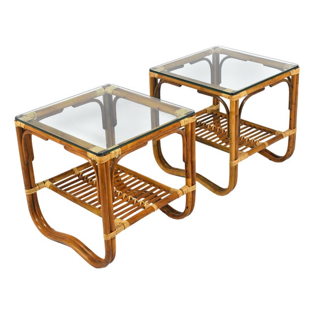 Mid 20th Century Pair of Rattan Side Tables in the Manner of McGuire For Sale