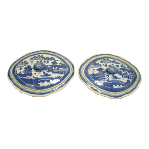 Pair of Chinese Export Blue and White Porcelain Canton Covered Dishes
