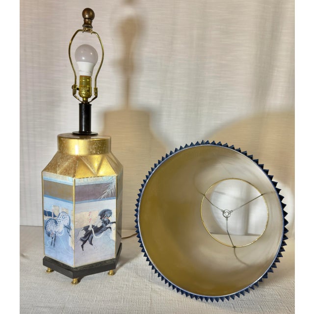 Vintage Chinoiserie Reverse Painted Hexagonal Tang Horse Table Lamp With Bespoke Navy Blue Shade For Sale - Image 12 of 12