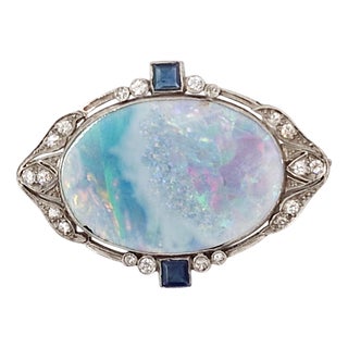 Mid-Century 18 Karat White Gold Brooch with Multicolored Opal, Diamonds and Sapphires, Italy, 1950s For Sale