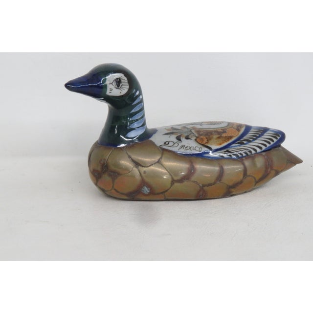 Mid-Century Modern Tonala Mexico Brass Ceramic Duck Mid Century Modern Hand Painted Folk Art 4520b For Sale - Image 3 of 15