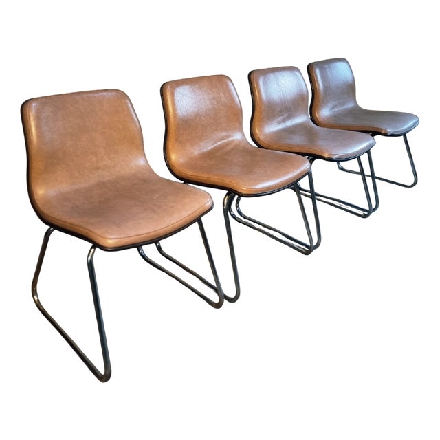 French Sled Base Chairs in Beige-Taupe Vinyl, 1976, Set of 4 For Sale