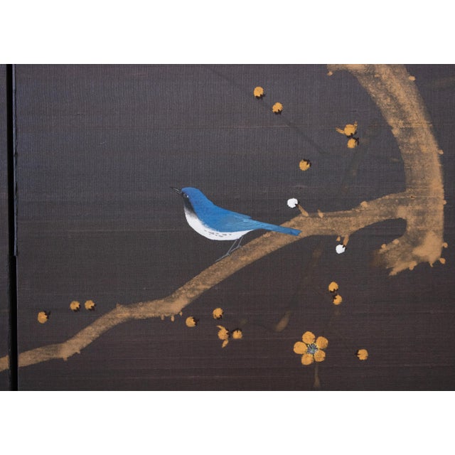 1960s Shōwa Era Japanese Silk Byobu Screen, Blue-and-White Flycatcher and Sakura For Sale - Image 9 of 16