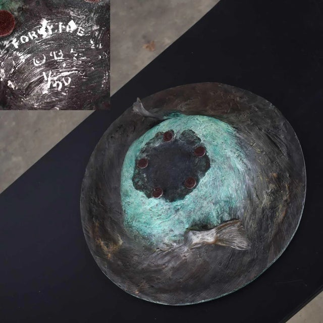 Bronze Organic Modern Cast Bronze Bowl Sculpture With Fish Design by John Forsythe For Sale - Image 8 of 13