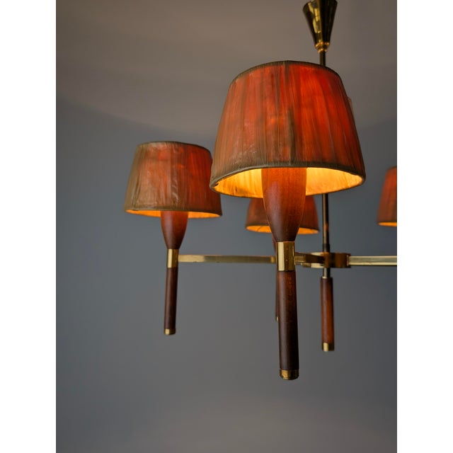 Danish 5-Arm Chandelier in Wood and Brass, 1950s For Sale - Image 4 of 18