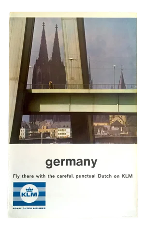 Vintage Mid Century " Klm Germany " Collector's Lithograph Print Dutch Airline Travel Poster