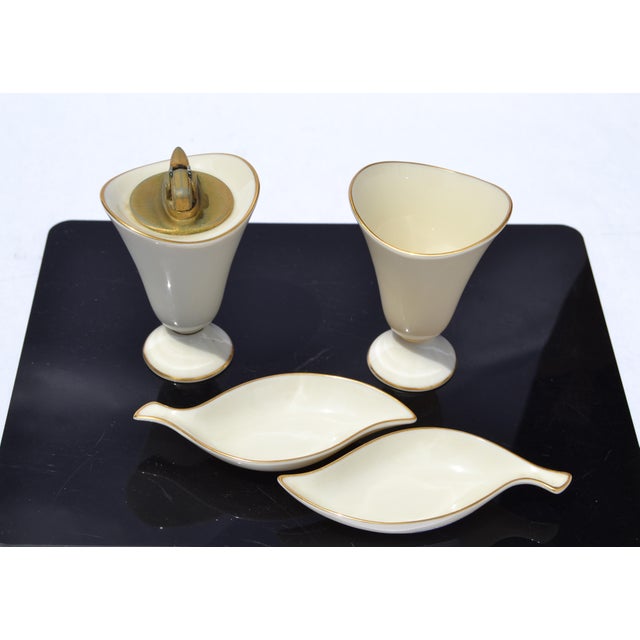 1960s Set of 4 Lenox Cream Ceramic Lighter Cigarette Holder Two Ashtrays Gold Trim For Sale - Image 14 of 14