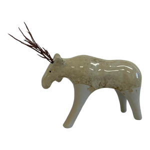 Late 20th Century Modernist Ceramic Moose Sculpture With Twig Antlers – Glazed Art Pottery