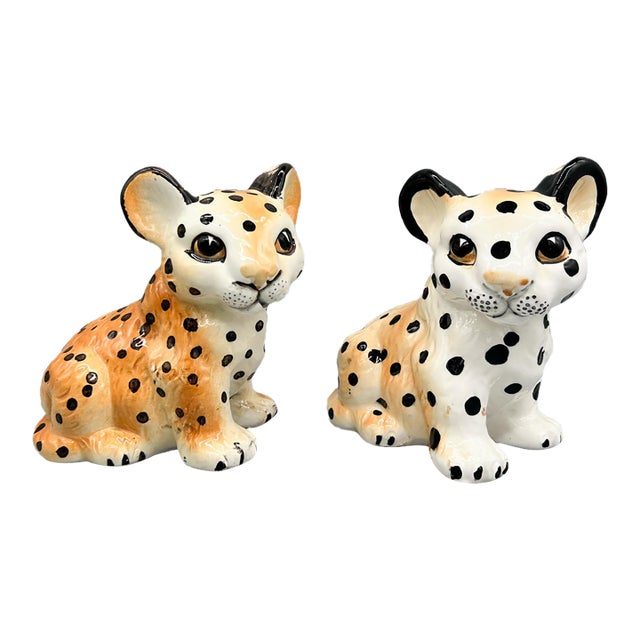 Vintage Shafford Japan Ceramic Leopard Cub Figurines — Hand-Painted Pair — Hollywood Regency / Whimsical For Sale