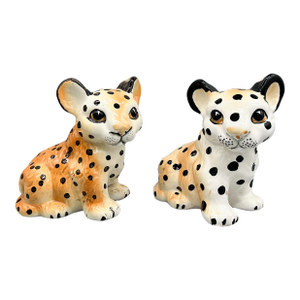 Vintage Shafford Japan Ceramic Leopard Cub Figurines — Hand-Painted Pair — Hollywood Regency / Whimsical