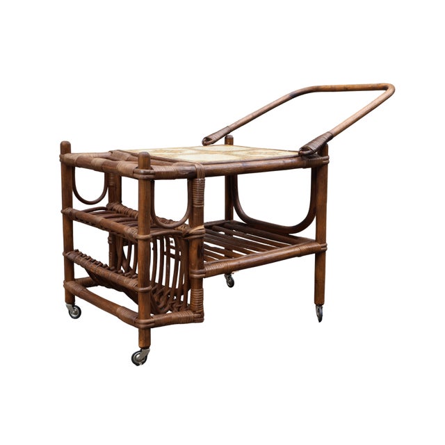 1960s Italian Bamboo & Rattan Tile-Top Drinks Trolley Bar Cart For Sale - Image 14 of 18