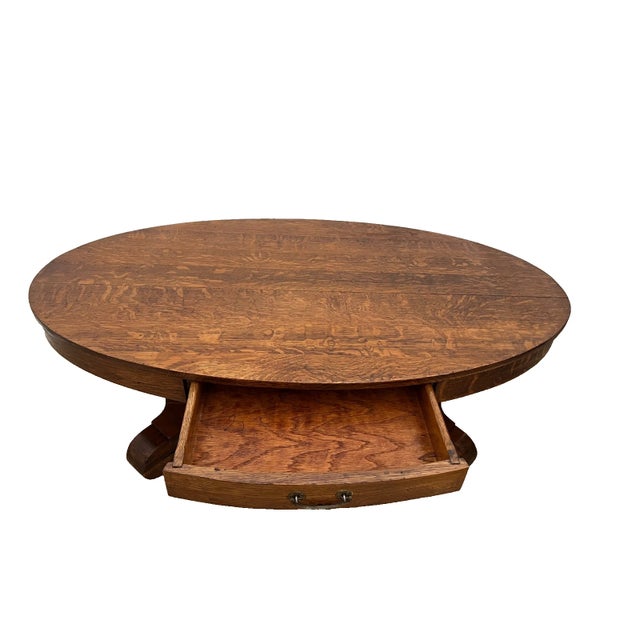 Gorgeous Antique Oval Coffee Table, Tiger Oak, large Center Drawer, Bottom Shelf, Column Base, American Empire Style, 18"...