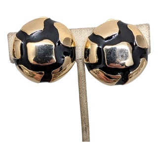 Vintage Signed Valentino Modernist Round Domed Goldtone Black Enamel Clip Earrings-2 Pieces For Sale