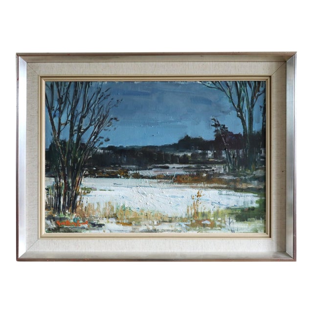 Mid-Century Modern 'Winter Light' Vintage Swedish Expressive Landscape Oil Painting, Framed For Sale