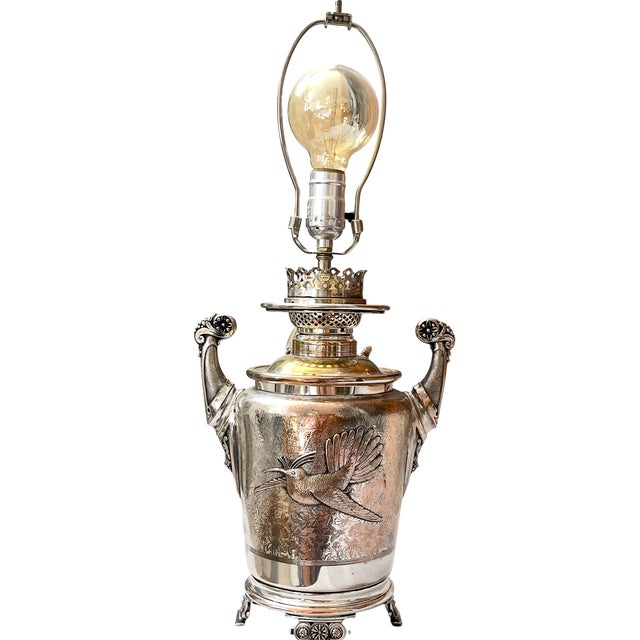 Bunny Williams Home Antique Late 19th Century Silver-Plated Oil Lamp Converted to Table Lamp With Bird & Floral Decoration, 23" For Sale - Image 4 of 14
