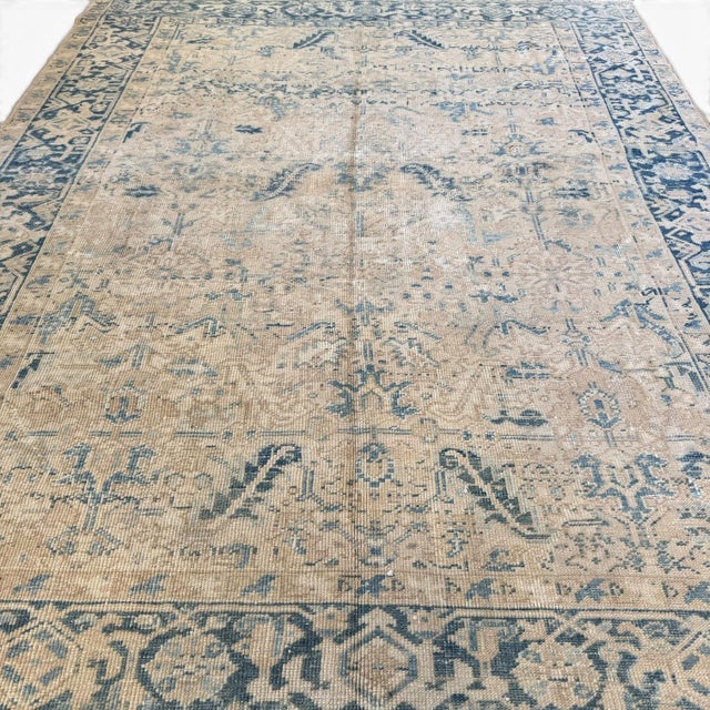 Traditional Antique Heriz Rug | 6'8" X 8'5" | Ivory Field With Blue Geometric Motifs | Circa Early 20th Century For Sale - Image 3 of 5