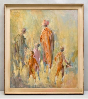 Samuel Grodensky, Large Judaica Oil Painting Samuel Grodensky Hasidic Rabbi, Children in Jerusalem, 1962