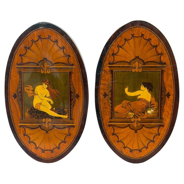 19th Century Pair 19th C. English Aesthetic Movement /Pre-Raphaelite Marquetry Muse Plaques For Sale - Image 5 of 17