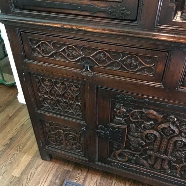 1920s French Breton Carved Oak Carved China Cupboard For Sale - Image 5 of 9