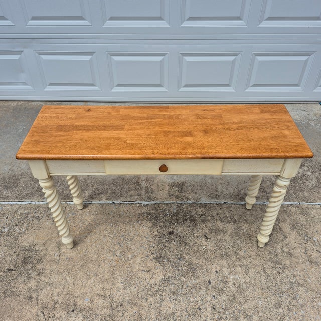 Farmhouse White Washed Barley Twist Leg Console Sofa Table W/ Butcher Block Top For Sale - Image 3 of 10