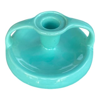 Mid Century Aqua Blue Double Handle Candlestick With Original Store Label For Sale