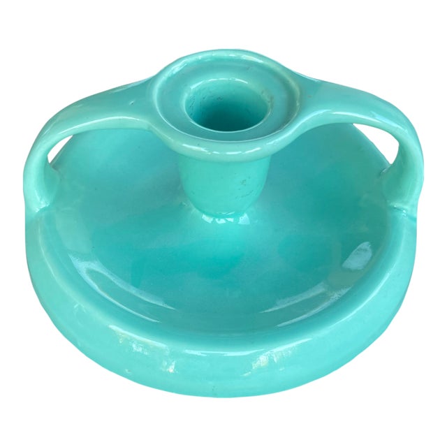 Mid Century Aqua Blue Double Handle Candlestick With Original Store Label For Sale