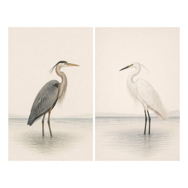 Heron & Egret Coastal Set of 2, Neutral Bird Wall Art Prints, Reproduction For Sale