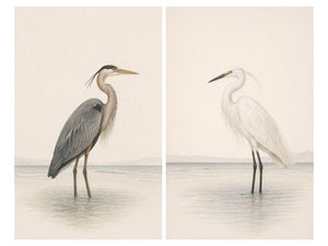 Heron & Egret Coastal Set of 2, Neutral Bird Wall Art Prints, Reproduction