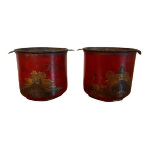 Antique French Louis XV Tole Peinte Cachepot Jardinieres or Wine Bottle Coolers 18th C. With Chinoiserie Scenes on Scarlet Red Ground - a Pair