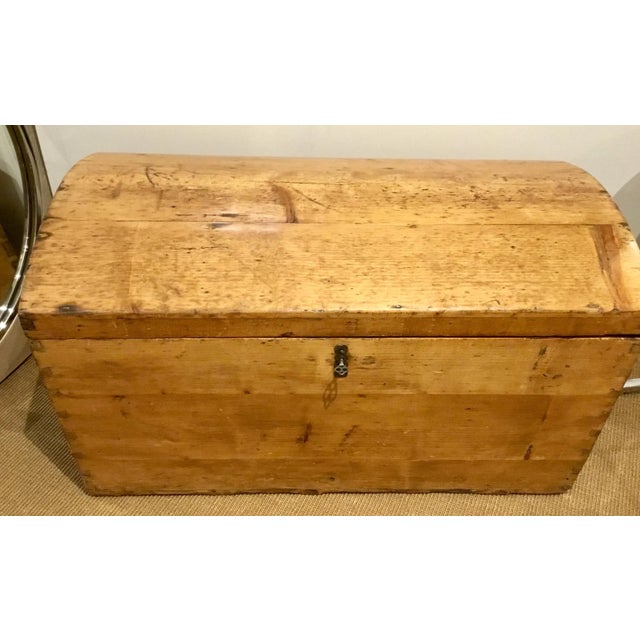 Stylish late 19th century antique pine wood dome top trunk, bronze hardware