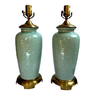 Vintage Wildwood Chinoiserie Celadon and Brass Lamps - a Pair For Sale