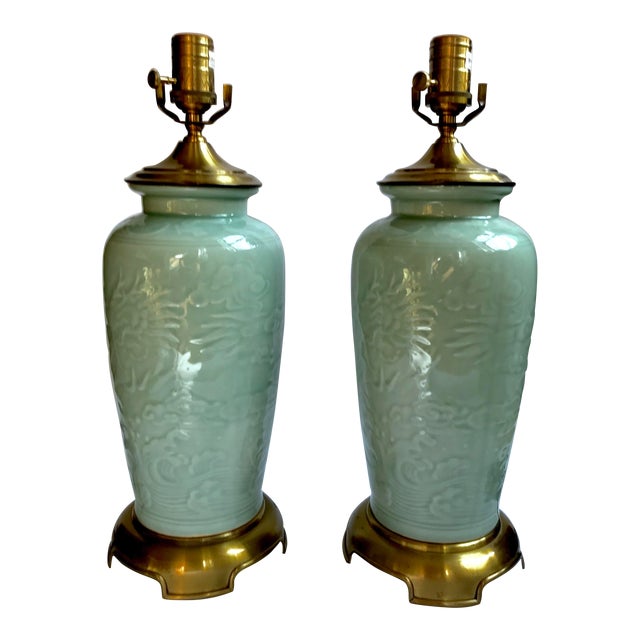 Vintage Wildwood Chinoiserie Celadon and Brass Lamps - a Pair For Sale