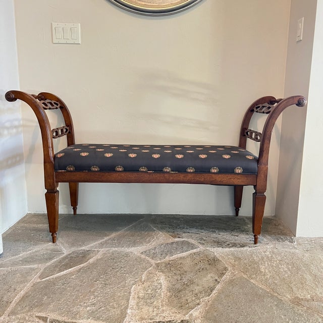 Late 20th Century Late 20th Century Baker Milling Road Carved Wood Upholstered Bench With Slip Cover For Sale - Image 5 of 14