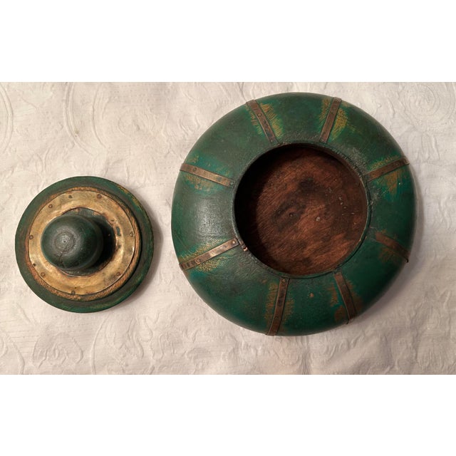 Antique Asian Wood Tobacco Container With Lid and Brass Accent Straps For Sale - Image 4 of 4