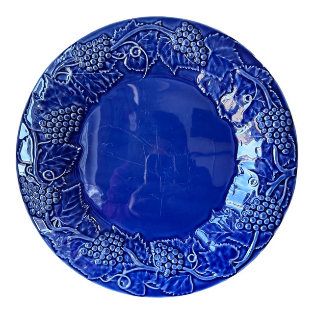 1980s Bordallo Pinheiro Embossed Grapes, Vines and Leaves Cobalt 14" Chop Plate, Platter For Sale