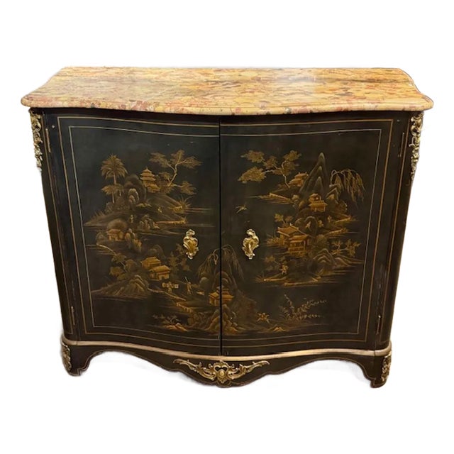 Antique French French Maison Jansen Style Cabinet With Chinoiserie Design and Marble Top For Sale