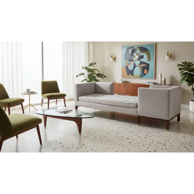 Iconic Edward Wormley for Dunbar Tet-a-Tete. Ready for fabric of your choice. Mahogany legs with brass caps, Dunbar decking.