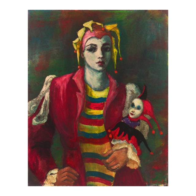 'Young Court Jester Holding a Puppet' by M. Dietrich, 1963, Commedia dellArte, Post Impressionist For Sale