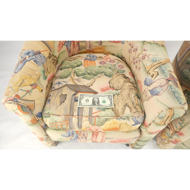 Pair Asian Silk Motive Round Barrel Back Upholstery Lounge Chairs Casters MINT For Sale - Image 10 of 10