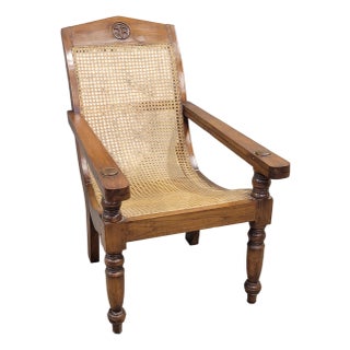 Vintage Bauer International Teak Caned Plantation Chair With Extension Armrests For Sale