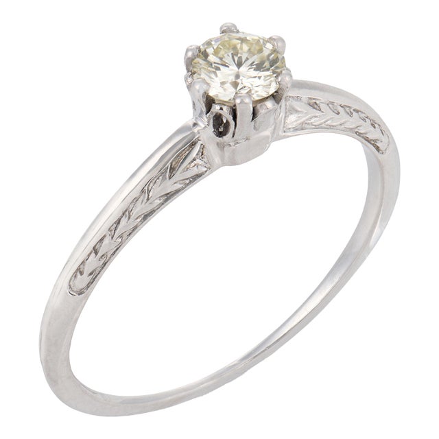 Mid Century Diamond 14k White Gold Solitaire Engagement Ring, Size 6.5 For Sale
