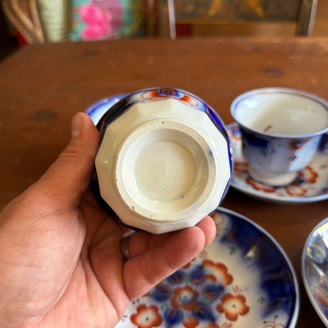 Ceramic Antique Gaudy Welsh Crescent Pinwheel Flow Blue Cups & Saucers, Set of 5, Circa 1840s For Sale - Image 7 of 12