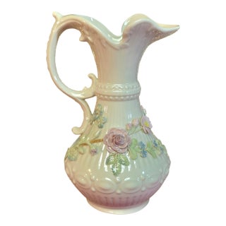 Late 20th Century Large 9" Vintage Belleek Aberdeen Ewer W/ Applied Flowers For Sale
