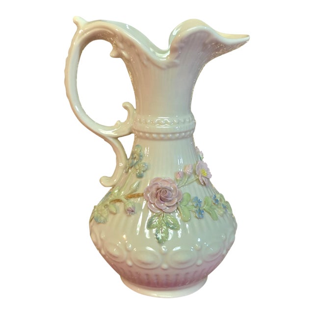 Late 20th Century Large 9" Vintage Belleek Aberdeen Ewer W/ Applied Flowers For Sale