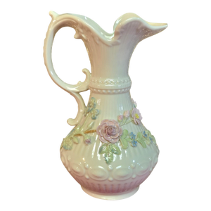 Late 20th Century Large 9" Vintage Belleek Aberdeen Ewer W/ Applied Flowers