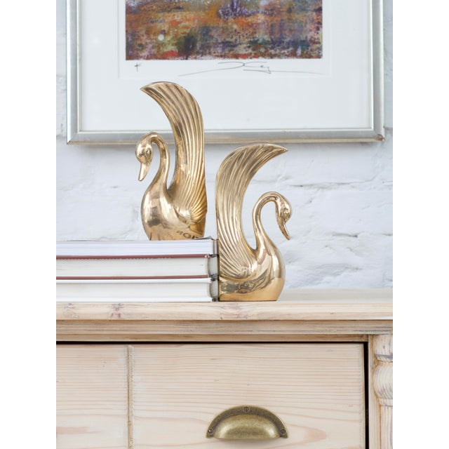 Hollywood Regency Vintage German Swan Bookends in Brass, 1950, Set of 2 For Sale - Image 3 of 3